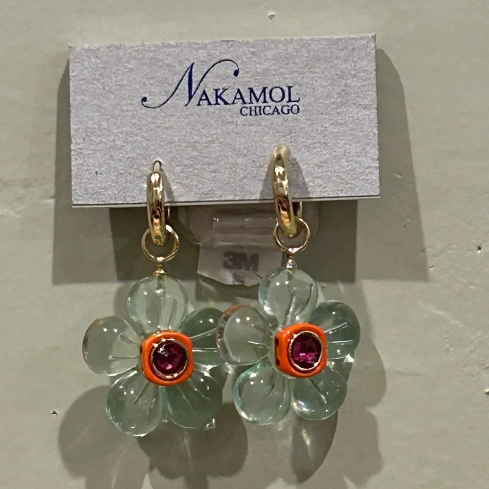 NAKAMOL Made In Thailand Blue & Orange Gummy Flower Crystal Earrings. NWTS - Picture 4 of 6